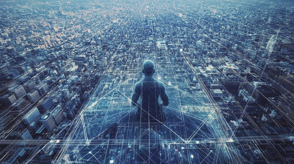 The Thinker looking out over a vast digital blueprint cityscape